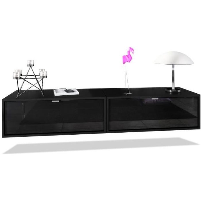 Ensemble de 2 set meuble TV Lana 80 armoire murale lowboard 80 x 29 x 37 cm, caisson en noir mat, façades en Noir haute brillance