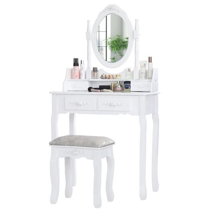 Coiffeuse avec Miroir Pivotant et 4 Tiroirs Table de Maquillage en Bois 1 Tabouret Design Moderne Meuble Blanc