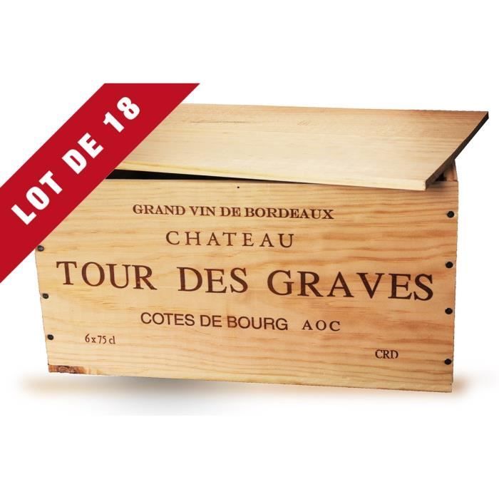 Lot de 18 - La Caisse Bois 6x75cl estampillé Château Tour des Graves - Coffret Vin