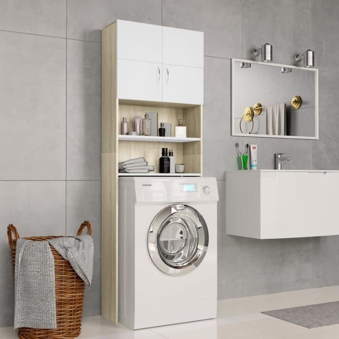 Meuble de machine à laver Armoire de Salle de Bain pour Lave-Linge Blanc et chêne sonoma 64x25,5x190 cm
