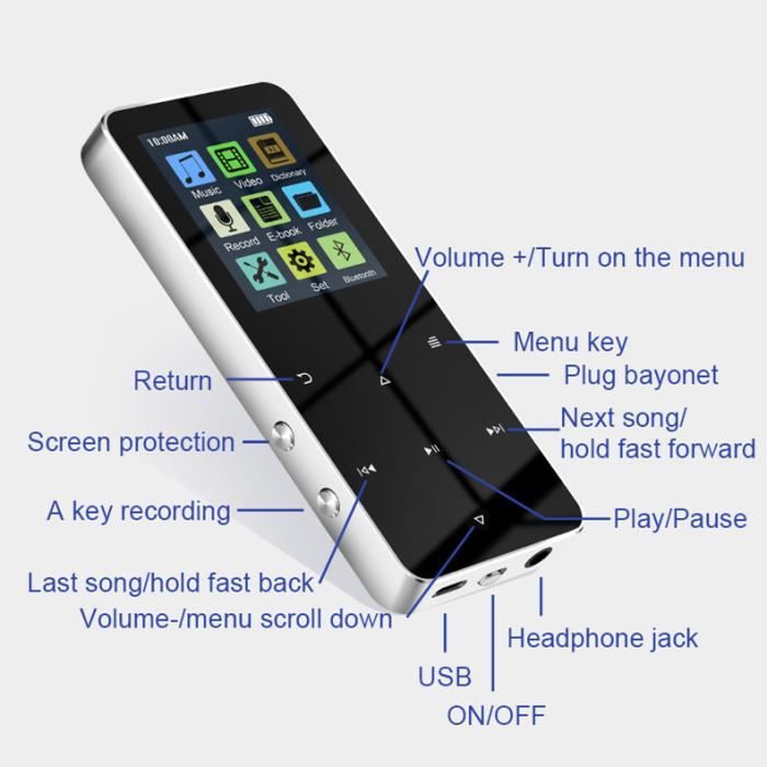 Lecteur de musique MP3 MP4, Bluetooth 4.2, prise en charge de la carte, avec réveil FM, tout nouveau 1,8pouces(32GO)
