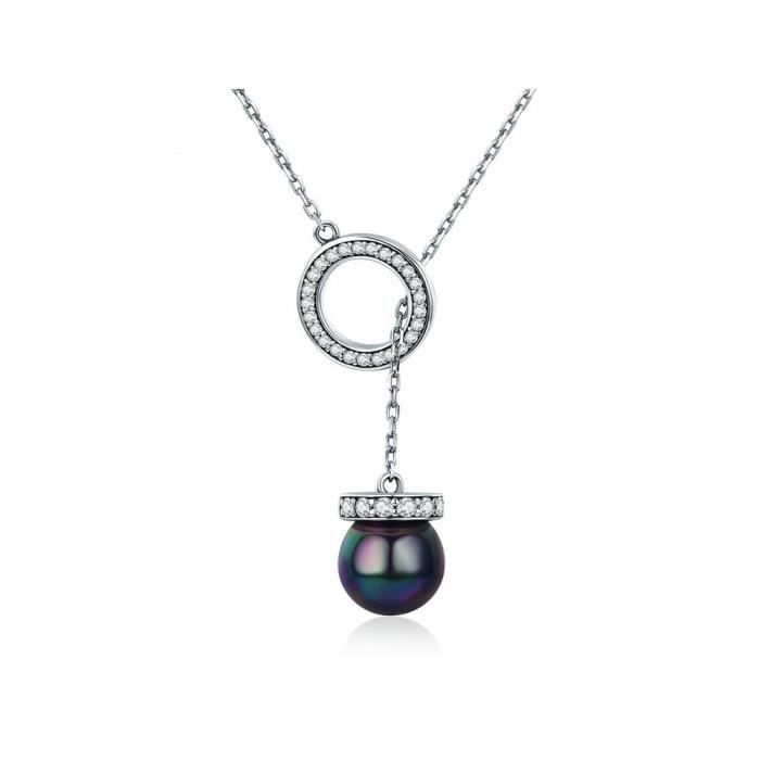 Collier Pendentif Femme Perle Noir en Cristal de Swarovski Elements et Argent 925 - - Blue Pearls 8321