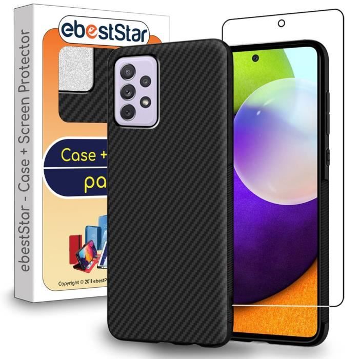 ebestStar ® pour Samsung Galaxy A52, A52 5G - Coque Gel Motif Fibre Carbone Luxe Flex TPU + Film protection écran VERRE Trempé, Noir