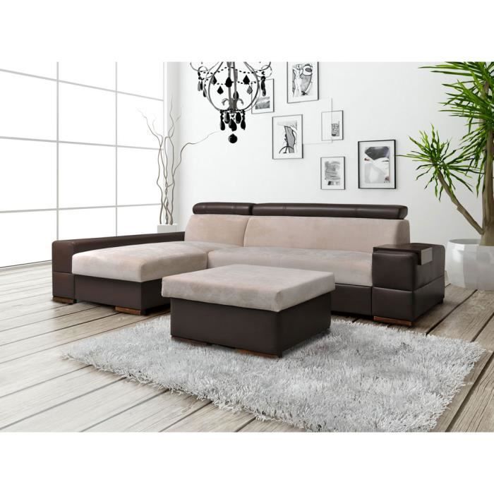 Canapé d'angle convertible CAPRI + pouf beige et marron