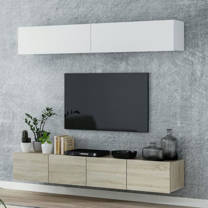 Ensemble Meuble TV Suspendu Mina 200 cm Couleur Bois et Blanc Style scandinave