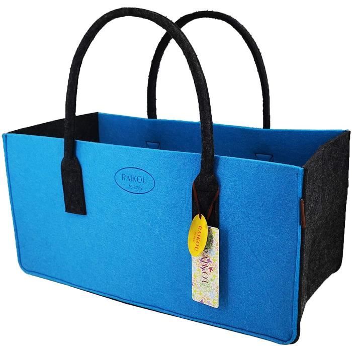 RAIKOU Sac en Feutre,Cabas Courses,Panier Plage Pique-Nique,Sac bûches,Sac bois,Panier Linge,Rangement Jardin,Bleu/Noir,50x34x27cm