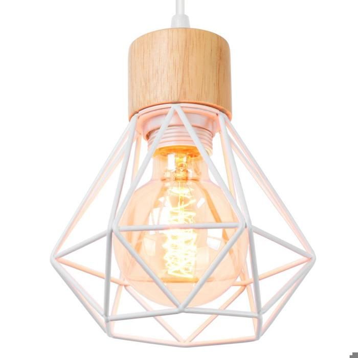WOTTES Suspension Luminaire Vintage Industrielle Lustre en Fer et Bois Rétro Cage Design Blanc E27 3PCS pour Salon Cuisine