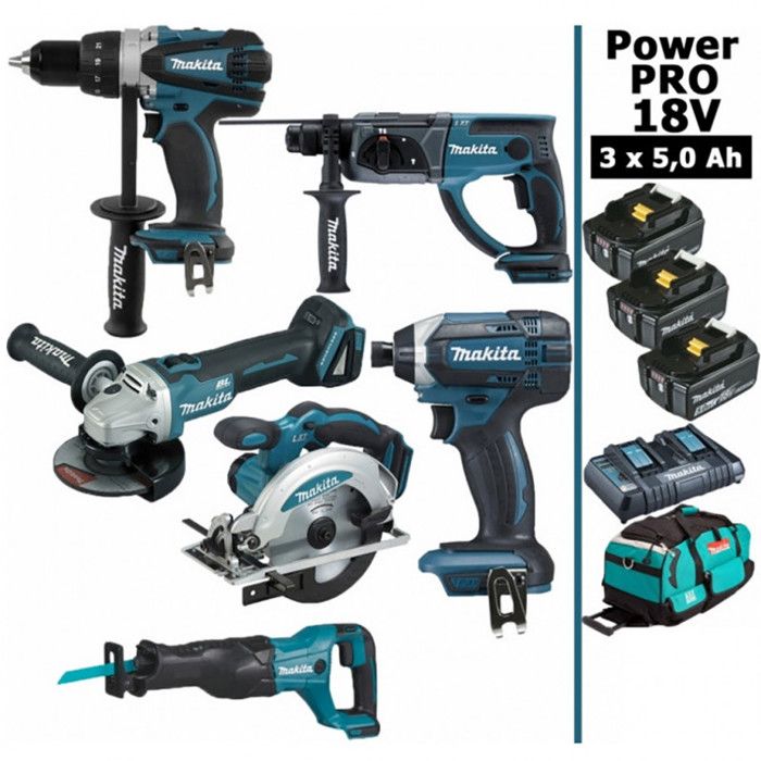 Makita Pack Power pro 6 outils 18V: DDF458 + DGA504 + DTD152 + DHR202 + DSS610 + DJR186 + 3 batt 5Ah + sac - vue 2