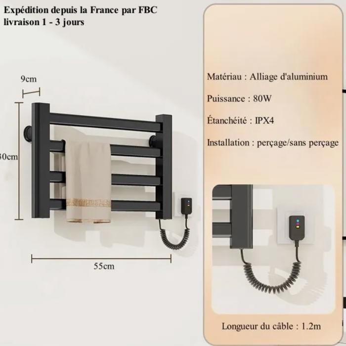 Chauffe-serviettes Électrique 45W 24V 4 Barres - Inox Argenté, IPX4, Taille 52x50cm