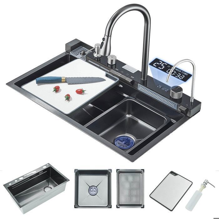 Evier Cascade Inox Multifonction Noir Évier Lavabo Cuisine 1 Bac Avec Egouttoir, Plonge Sur Pied Évier À Légumes Avec Combo De Robinet Extractible, Pour Hôtel Restaurant Mobilier De Luxe Léger ( Color
