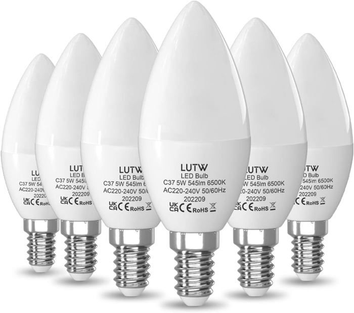 Ampoule LED E14 Blanc Froid 6500K Ampoule Bougie LED C37 5W Équivalent 40W 545LM Ampoule Petit Culot à Vis E14 Lot de 6