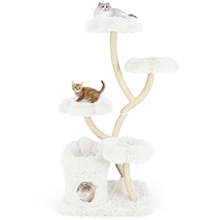 Meilleurs prix pour GOPLUS Arbre à Chat 165 CM, 4 Plates-Formes en Forme de Fleur, Grotte,Griffoir en Sisal, Centre d’Activités pour Chats, Blanc
