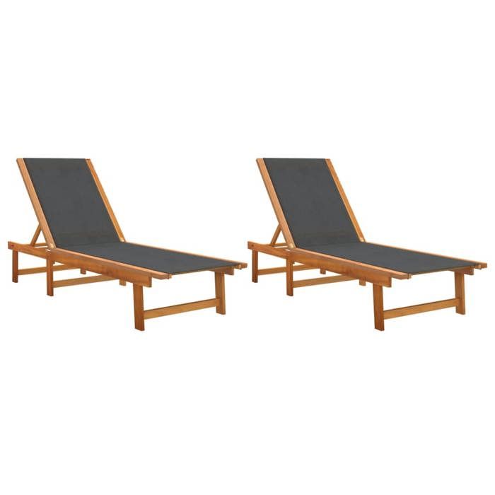 MGH - NEUF Chaises longues lot de 2 - Bain de soleil noir bois dacacia solide et textilène CC266