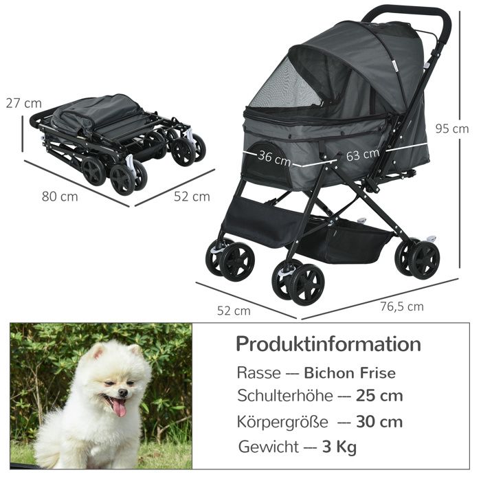 Comparer les prix de Poussette pour chiens pour petits chiens et chats Pet Stroller Oxford gris foncé 765 x 52 x 95 cm