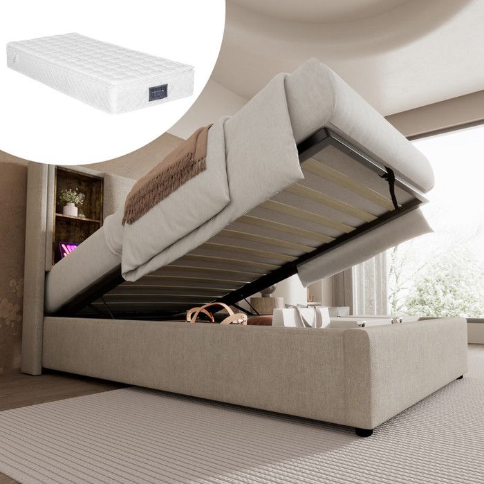 Lit rembourré sommier 90x200cm - lit simple avec chargement sans fil USB C - naturel lin (avec matelas)