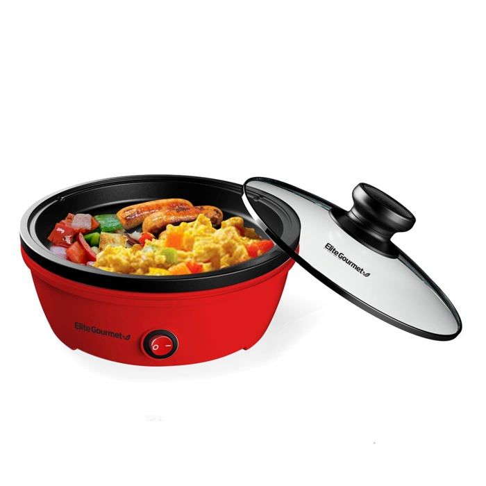 Elite gourmet EGL-6101 Poêle électrique antiadhésive de 650 W chauffage rapide couvercle en verre trempé rouge