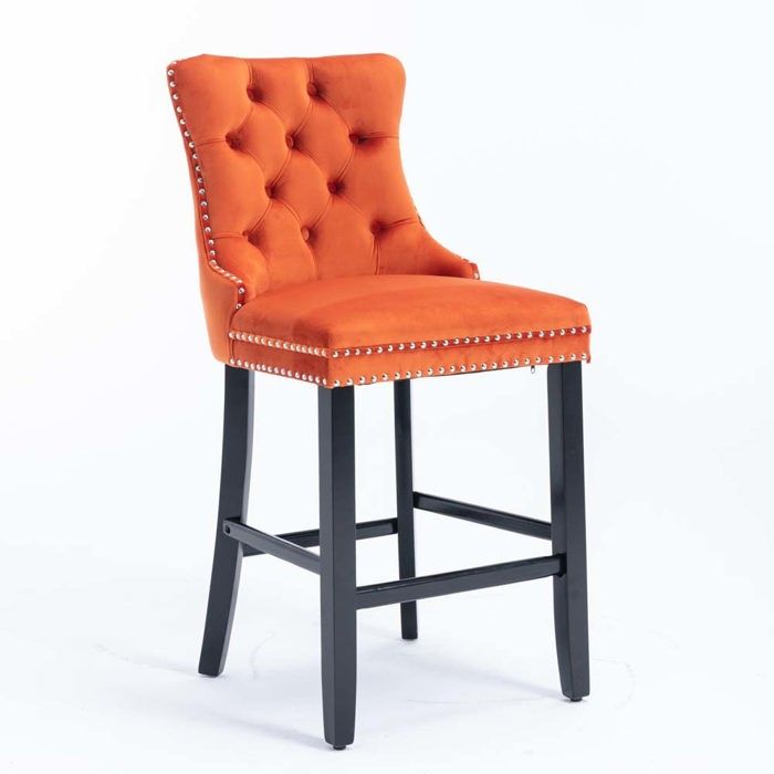Tabouret de bar - Moderne - Velours orange - Dossier haut - Lot de 2