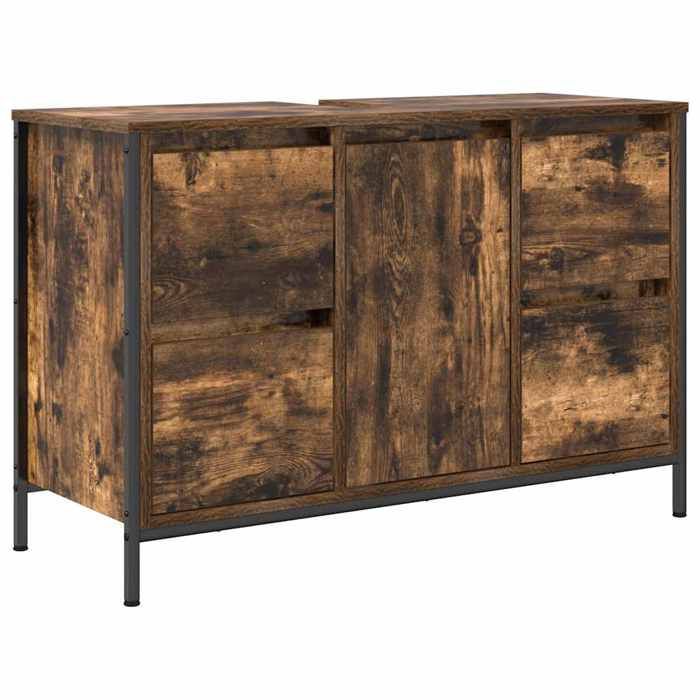 Meuble sous-vasque avec tiroirs - GKO - Chêne fumé - 90x345x60 cm - 4 tiroirs - 1 porte - 1 étagère - Pieds réglables