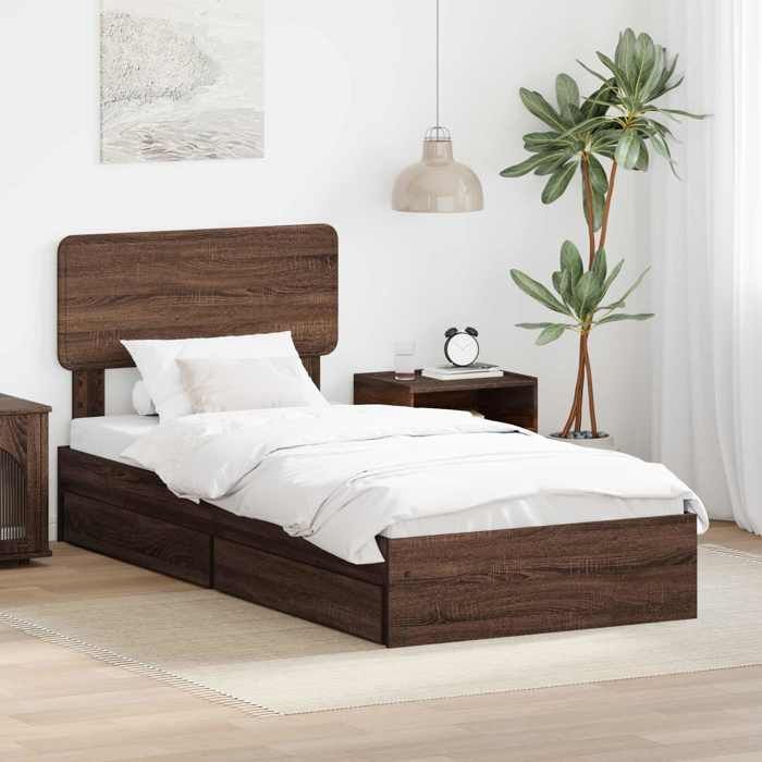 Lit de rangement - UU - Chêne brun - Bois dingénierie - 193x78x90 cm - Tiroir intégré - Cadre à lattes - 1 personne