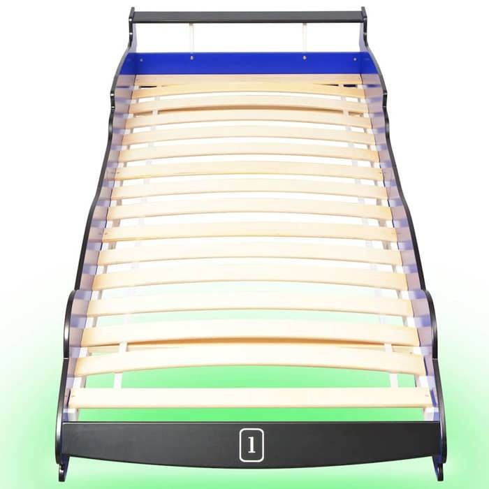 Lit voiture de course pour enfants avec LED - WIENS - 90x200 cm - Bleu - Cadre en MDF - Lattes en bois - Bande LED RVB