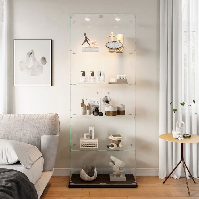 Vitrine en verre trempé noir meuble de collection transparent avec 2 porte et 5 niveaux et lampe toucher，pour salle à manger salon