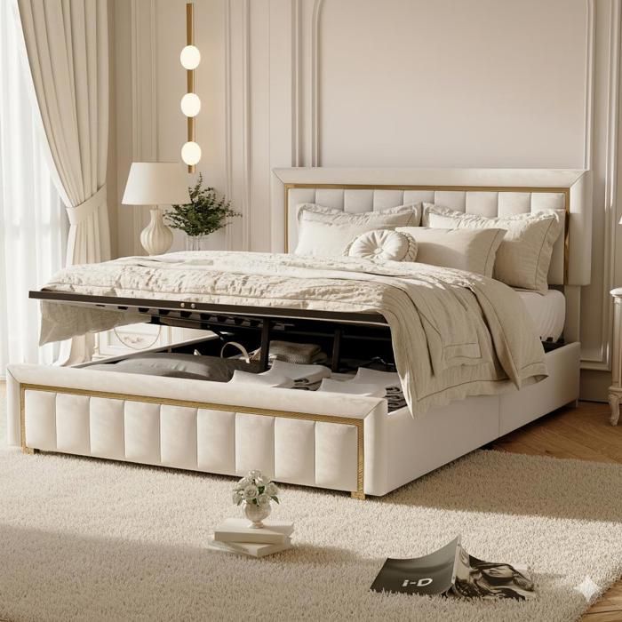 Lit 140x190cm - Lit Coffre 140 et Sommier - avec Tête de Lit Capitonnée et Bordures Dorées - Design Luxueux - Velours Beige