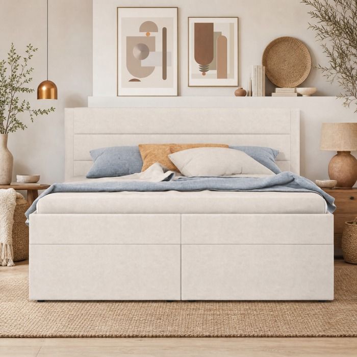 Maisentiel Lit double coffre beige 140 x 200 cm avec sommier à lattes relevable et vérins