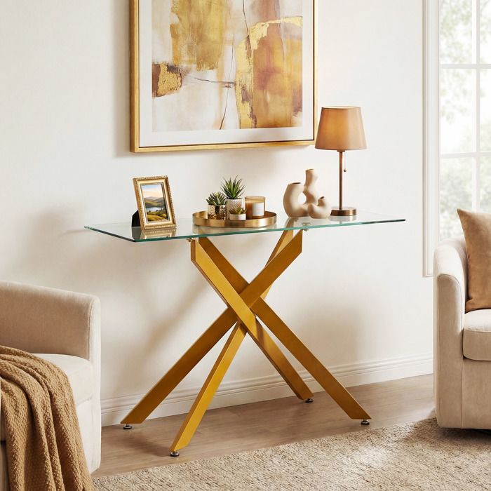 COSTWAY Table Console pour Entrée en Verre Trempé Transparent Cadre en Métal Robustes L115 x l45 x H78 CM Or