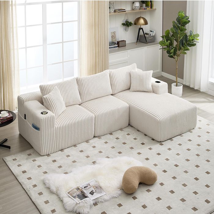 Canapé dangle convertible 257 cm Canapé en L 3 places avec méridienne Combinaison libre Sans assemblage Beige Velours côtelé