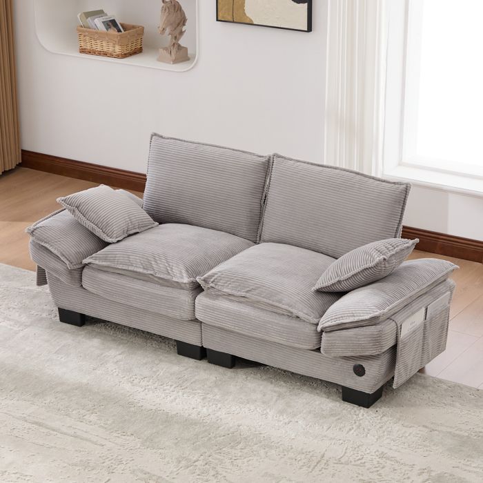 Canapé 2 places gris clair L 190 x P 73 x H 84 cm avec port USB-C assise large ergonomique