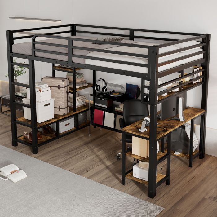 Lit mezzanine enfant simple 120×200 cm avec bureau et étagère - YEAVIO - sans matelas métal et bois - noir