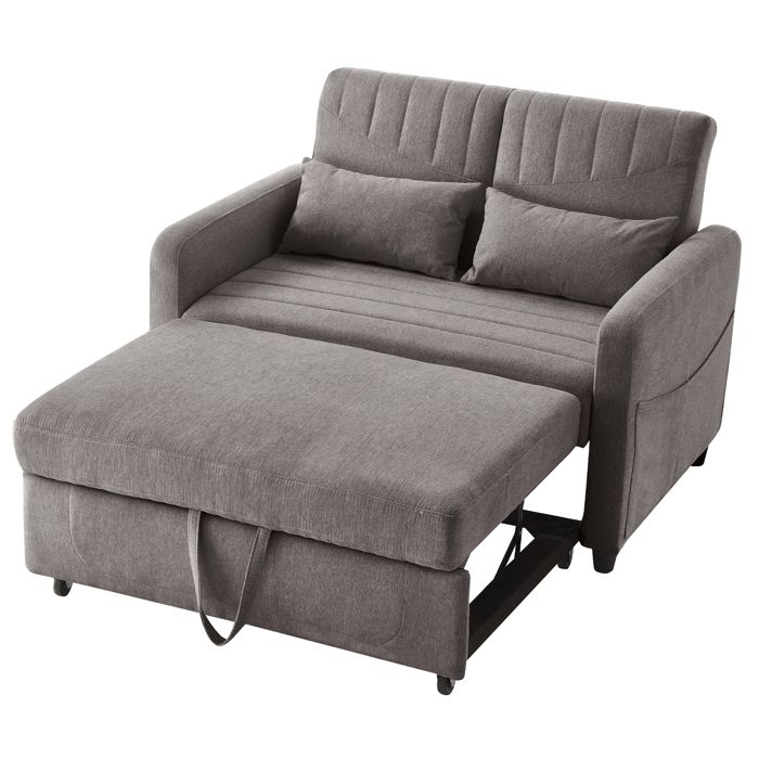 Fauteuil Convertible - Canapé-lit convertible 2 places - Dossier réglable en 3 niveaux - 2 Coussin - Roues - Pliante - Gris