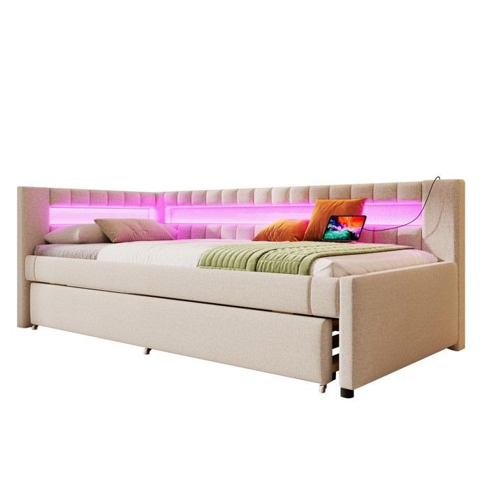 Lit Simple Canapé-Lit-Lin Beige 90x200cm-Avec Gigogne-LED Télécommande-USB-C-Convertible Lit De Jour-Sans Matelas Lit Simple Canapé-Lit-Lin Beige 90x200cm-Avec Gigogne-LED Télécommande-USB-C-Convertible Lit De Jour-Sans Matelas