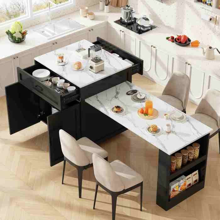 Îlot de cuisine extensible sur roulettes 133-202×70×93cm Table à manger 4 personnes avec 2 porte 2 tiroirs étagères - noir