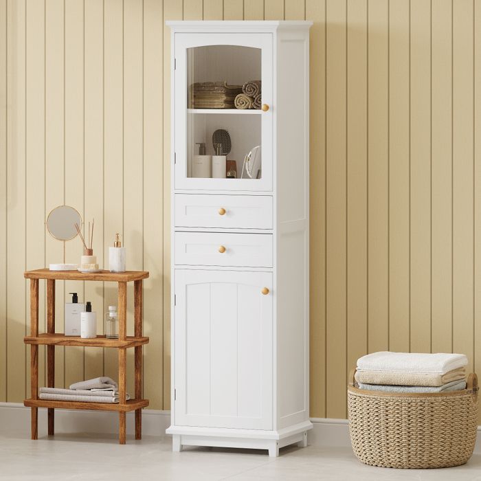 Meuble Colonne Salle de Bain Armoire 45x36x160 cm -2 tiroirs espace de Rangement -résistante à lhumiditéétagère réglable blanc