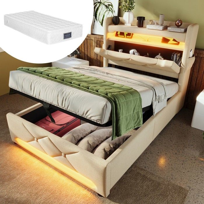 Lit rembourré simple 90x200cm tête rangements USB-C LED 360° vérins (avec matelas) beige lin