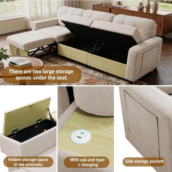 Canapé dangle modulable 3 places en velours beige avec chaise longue coulissante rangement et port USB