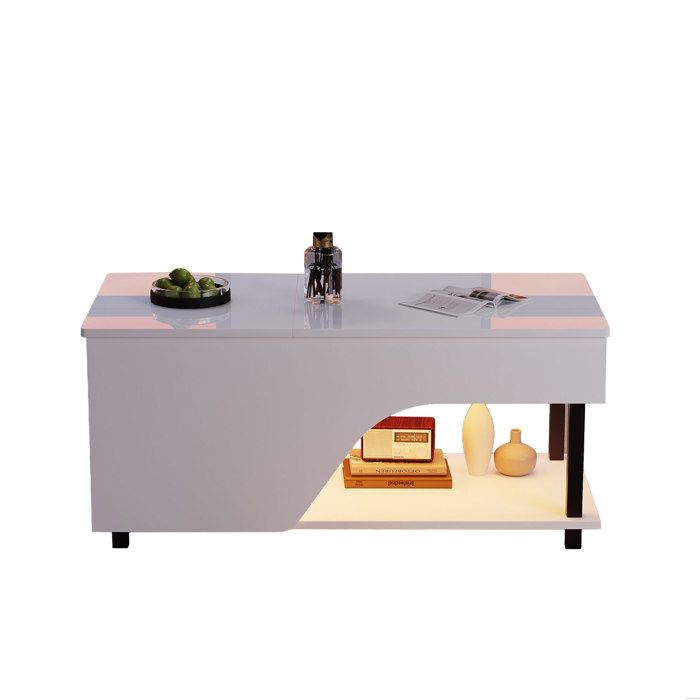 Table basse relevable SENVIRO 100 x 50 x 46 cm blanche rangement caché étagère ouverte LED USB pieds en métal