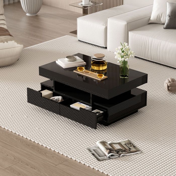 WOVREO Table basse 80 x 50 x 36 cm noire brillante avec LED réglable 4 tiroirs et 3 niches ouvertes