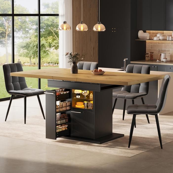 Table à manger extensible 110-140x80x77cm Table à manger rectangulaire 4 à 6 personnes avec LED étagères rangements noir