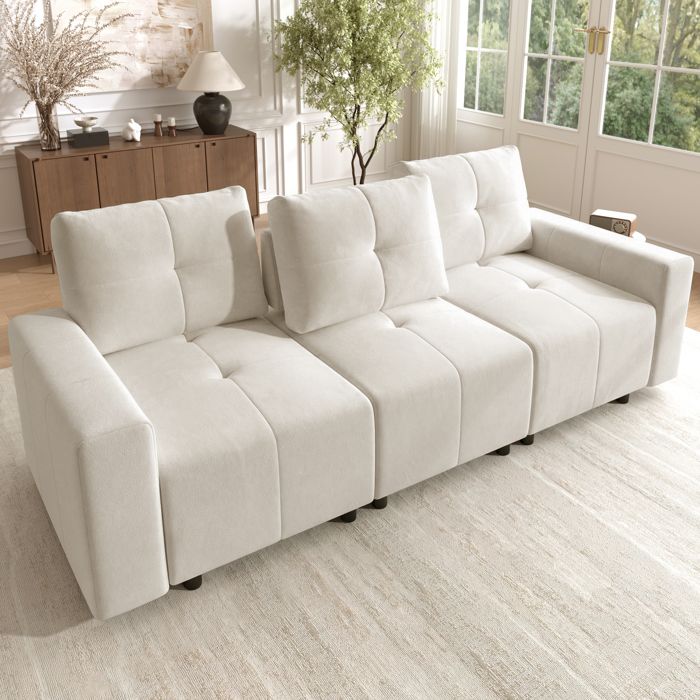 Canapé modulable - 3 places - Convertible lit - Revêtement chenille beige - Profondeur dassise réglable 68 cm