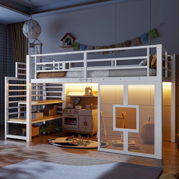 Dimensions 90x200 cm design solide et sécurisé lit mezzanine surélevé avec espaces de rangement avec éclairage led en métal
