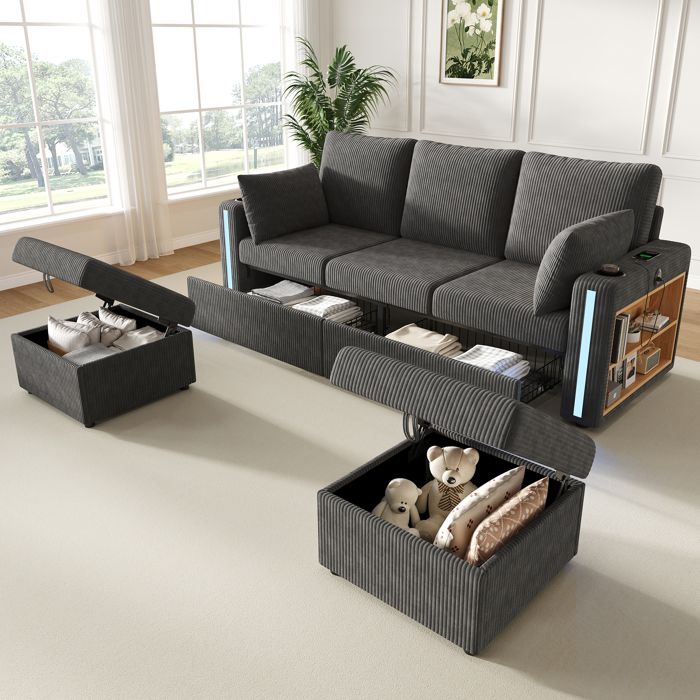 Canapé dangle modulable U/L 190 x 130 x 85 cm avec 2 poufs coffre 2 tiroirs LED avec appli et USB-C velours côtelé Gris