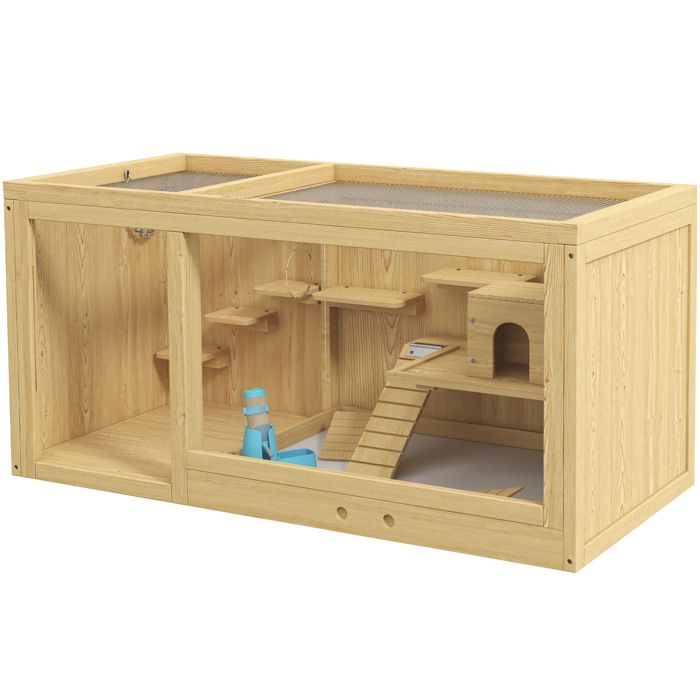 Cage pour hamster en bois – rongeur plateformes maisonnette toit ouvrant 100 cm
