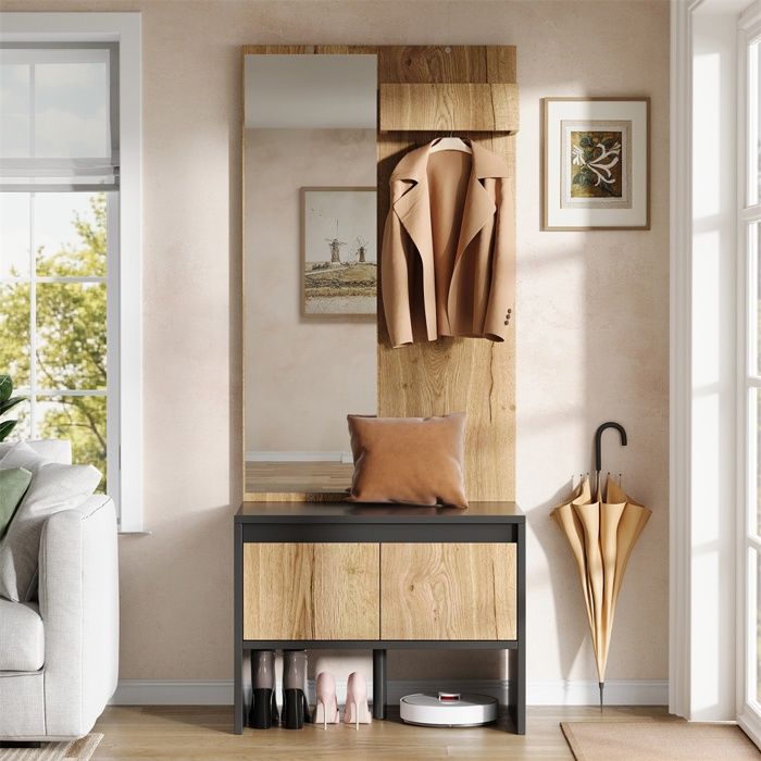 Vestiaire dentrée compact - 60×38×145 cm - Portemanteau avec miroir - Banc et 2 tiroirs - Noir et naturel
