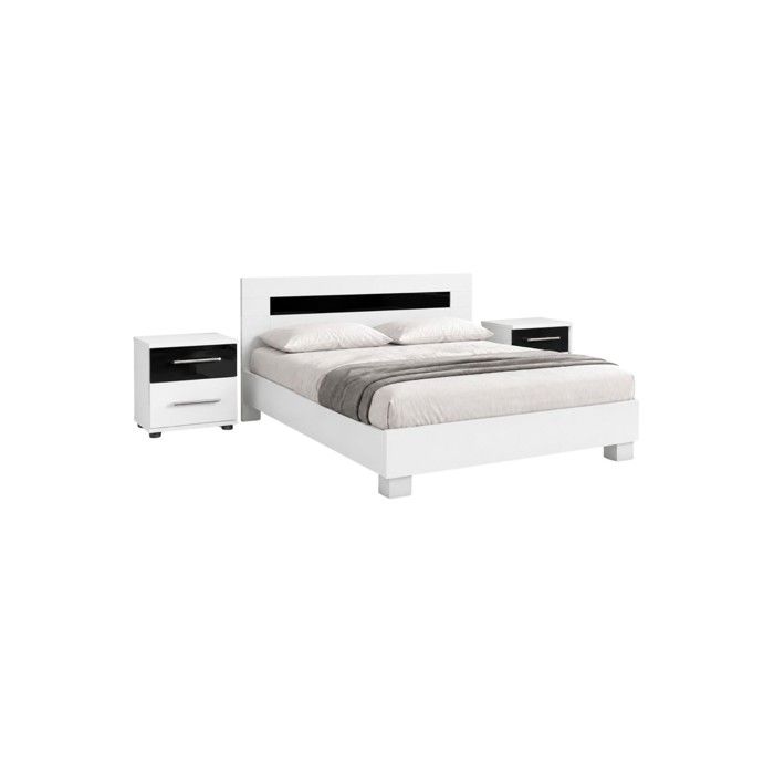 Ensemble lit double DUBLIN 160x200cm avec sommier et 2 chevets – Blanc et noir brillant