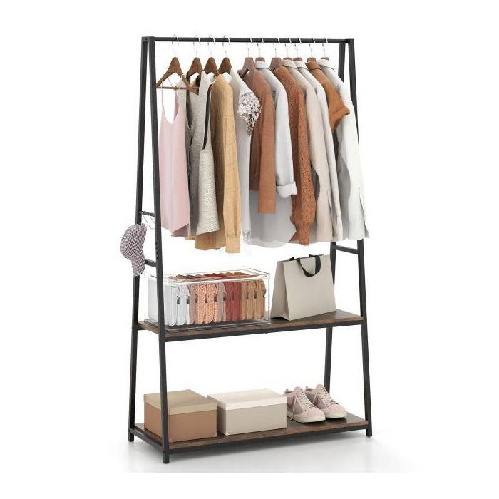 Style industriel portant vêtements avec 2 étagères tringle et crochets rangement pour chambre ou dressing
