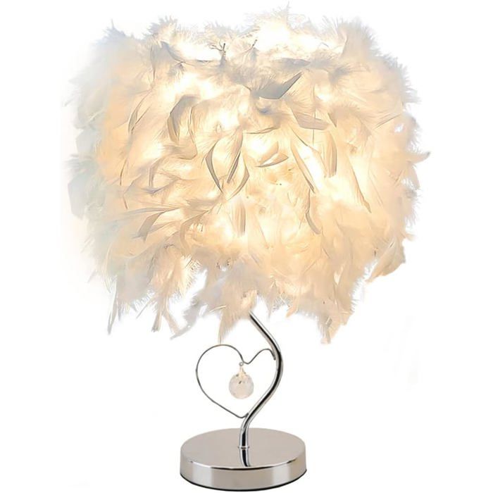 Lampe de chevet plume moderne abat-jour plume base métal et cœur cristal