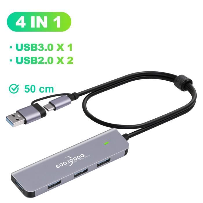 Hub USB 4 Ports Rotatif 180° - 1x USB-C, 1x USB 3.0, 2x USB 2.0 Pour PC, MacBook, PS5