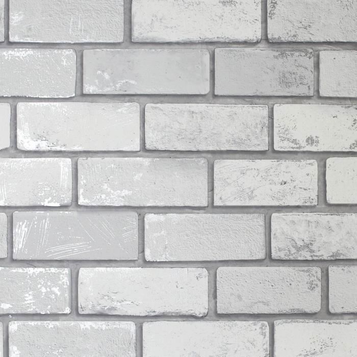Arthouse Effet 3D Métallique Mur De Brique Blanc/Argent Papier Peint 692201 